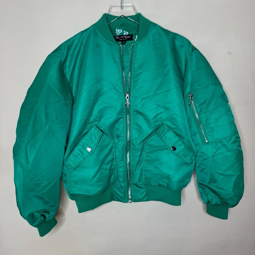 Miss Selfridge ruched sleeve bomber jacket bright green silver zipper size 4 - Picture 3 of 14